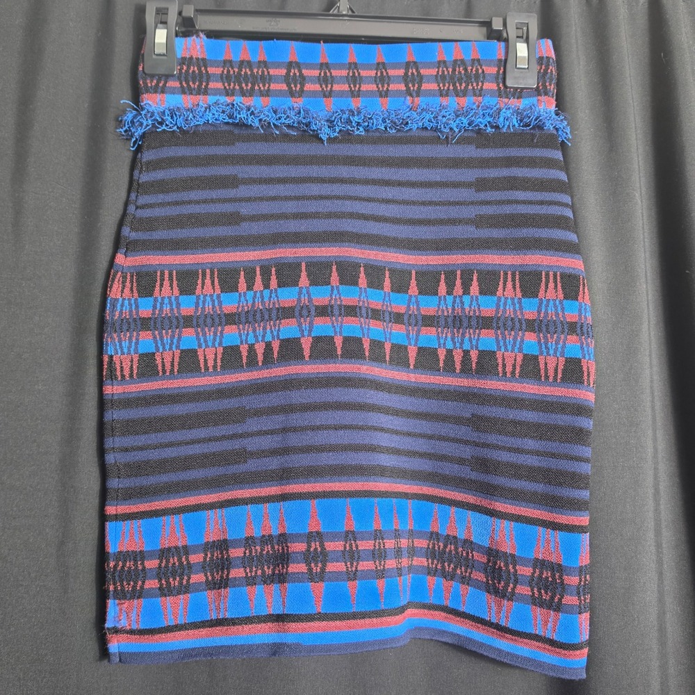 Blue Burgundy Geometric‎ Knit Mini Skirt Fringe Waist Bodycon RN 125503